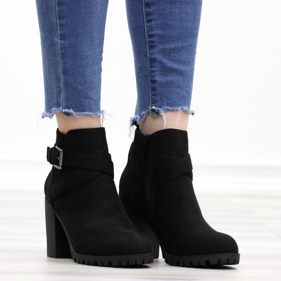 Faux Suede Black Lug Sole Ankle Boots - Picture 4 of 14